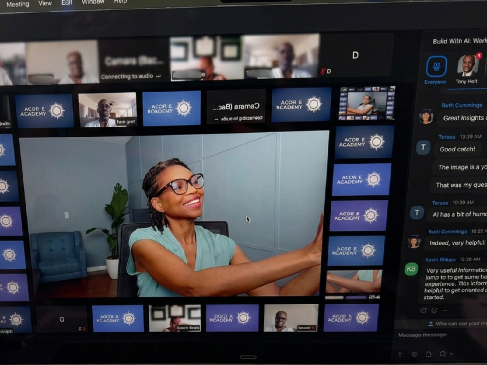 Screenshot of a live AI Core Academy Zoom workshop with participants and chat